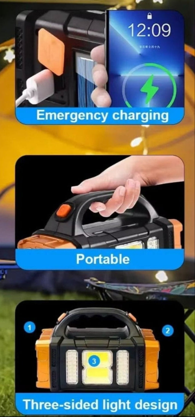 Solar LED Flashlight COB Camping Lantern USB Charging Powerful Torch Light Waterproof Portable Searchlight Power Bank Outdoor